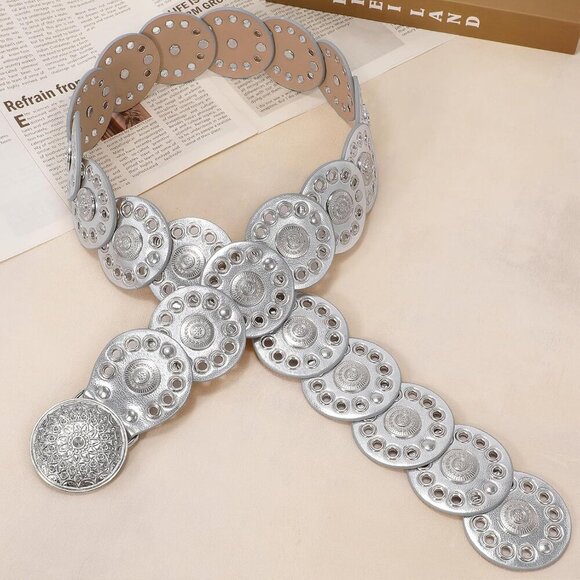 Women Vintage Disc Waist Concho Leather Belt Boho Waist Belt Silver Buckle main image 5